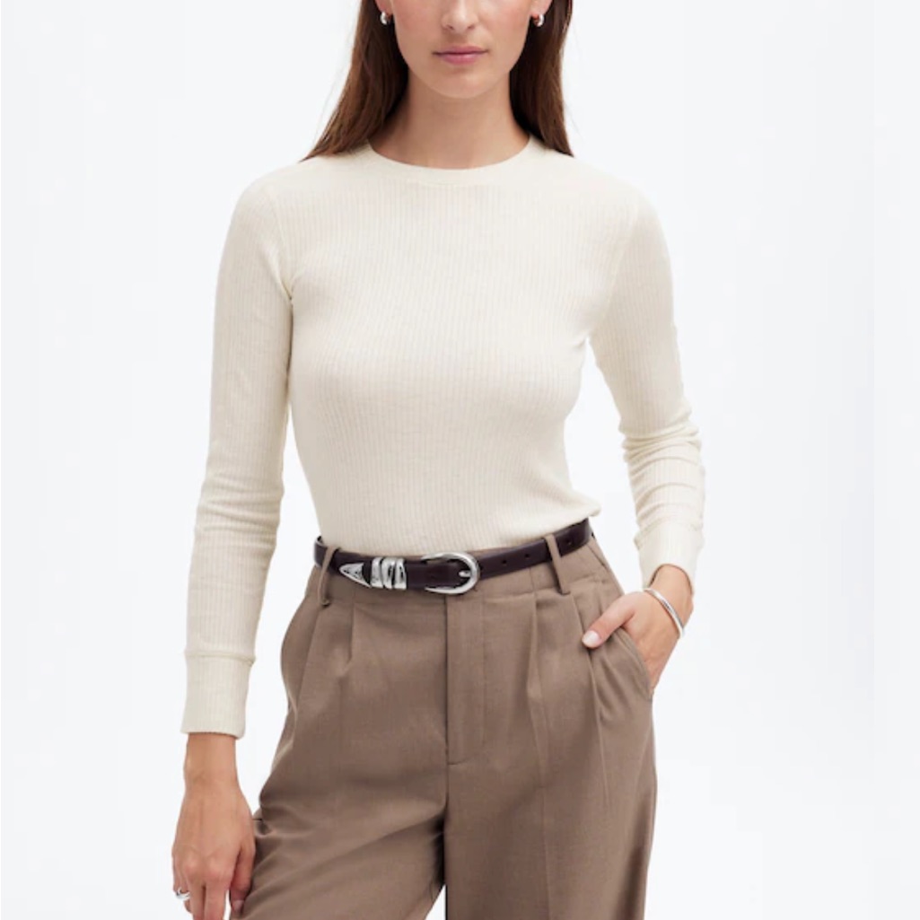New With Tags Madewell Women's Cream Ribbed Long-Sleeve Crewneck Top Shirt